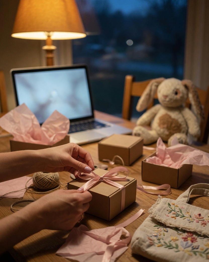 At night, a mom ties a pink ribbon around a kraft gift box at her kitchen table, laptop open.