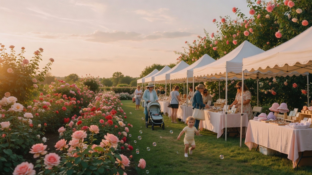 Golden-hour pop-up market in a rose garden: white tents, moms at their booths, a toddler chasing bubbles.