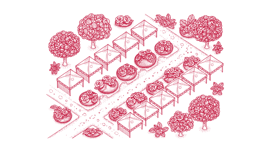 Line drawing of the market: rows of tents around round rose beds and a curving path.